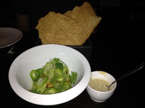 Guacamole with jalapeno and pistachios served with masa crisps
