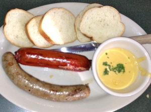 Sausages with Cheddar ale dip
