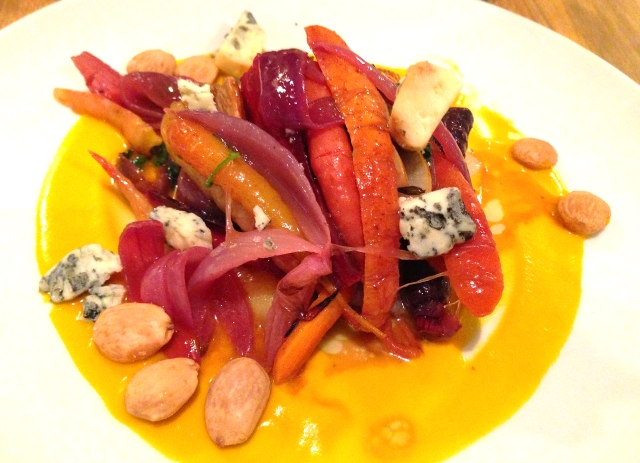 Roasted Carrot & Asian Pear Salad with blue cheese and marcona almonds at Back Forty West in NYC