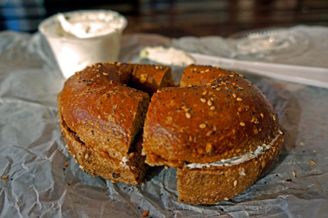 Whole-wheat everything bagel (toasted) with Scallion Tofu Spread at Bagel Cafe, NYC
