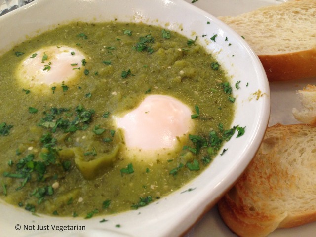 Green Shakshuka with toasted challah at Jack's Wife Freda in SoHo, NYC